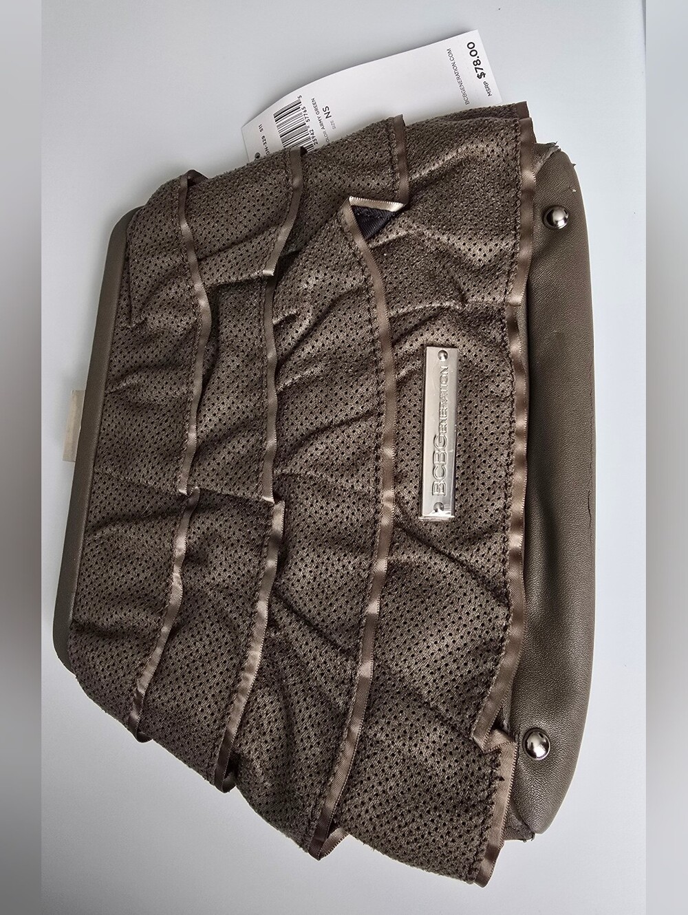 BCBGeneration Army Green Crossbody Mesh Layer Ruffle | Faux Leather Peeling
